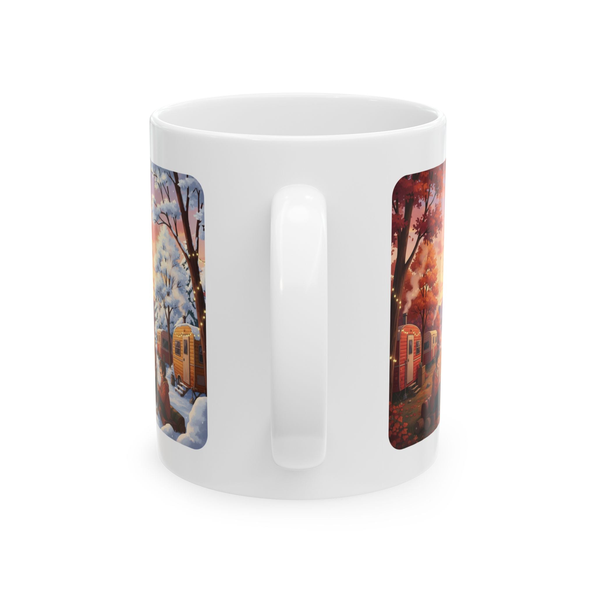 Autumn Leaves & Winter Snow Sunset White Ceramic Mug — Cozy Camping Fall & Winter Cottagecore Cup (11oz & 15oz)