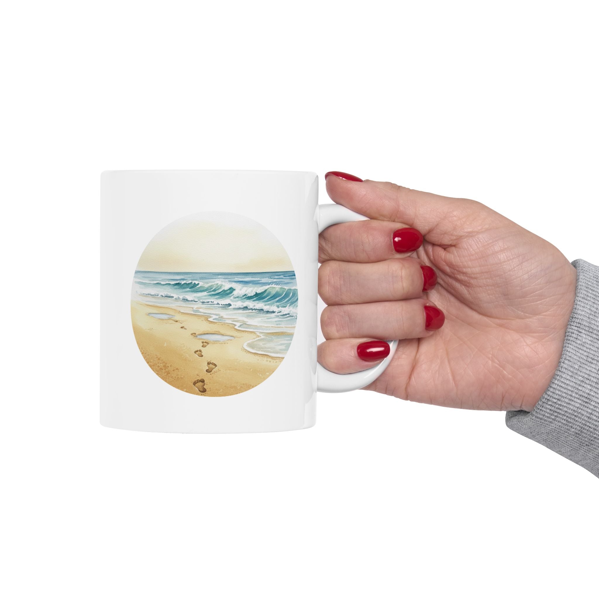 Sea Shore With Footprints In The Sand White Ceramic Mug — Beach Waves Getaway To Tranquility (11oz & 15oz)