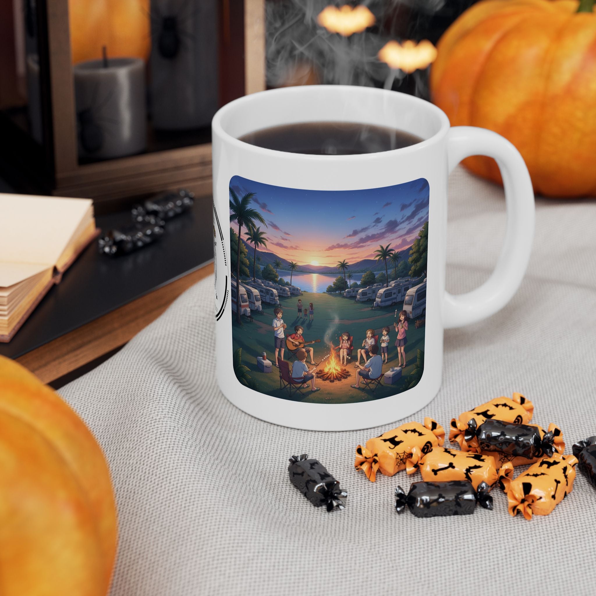 Cozy Sunset Lake Travel Adventure White Ceramic Mug — Vintage Map Compass & Tropical RV Roadtrip Cup (11oz/15oz)