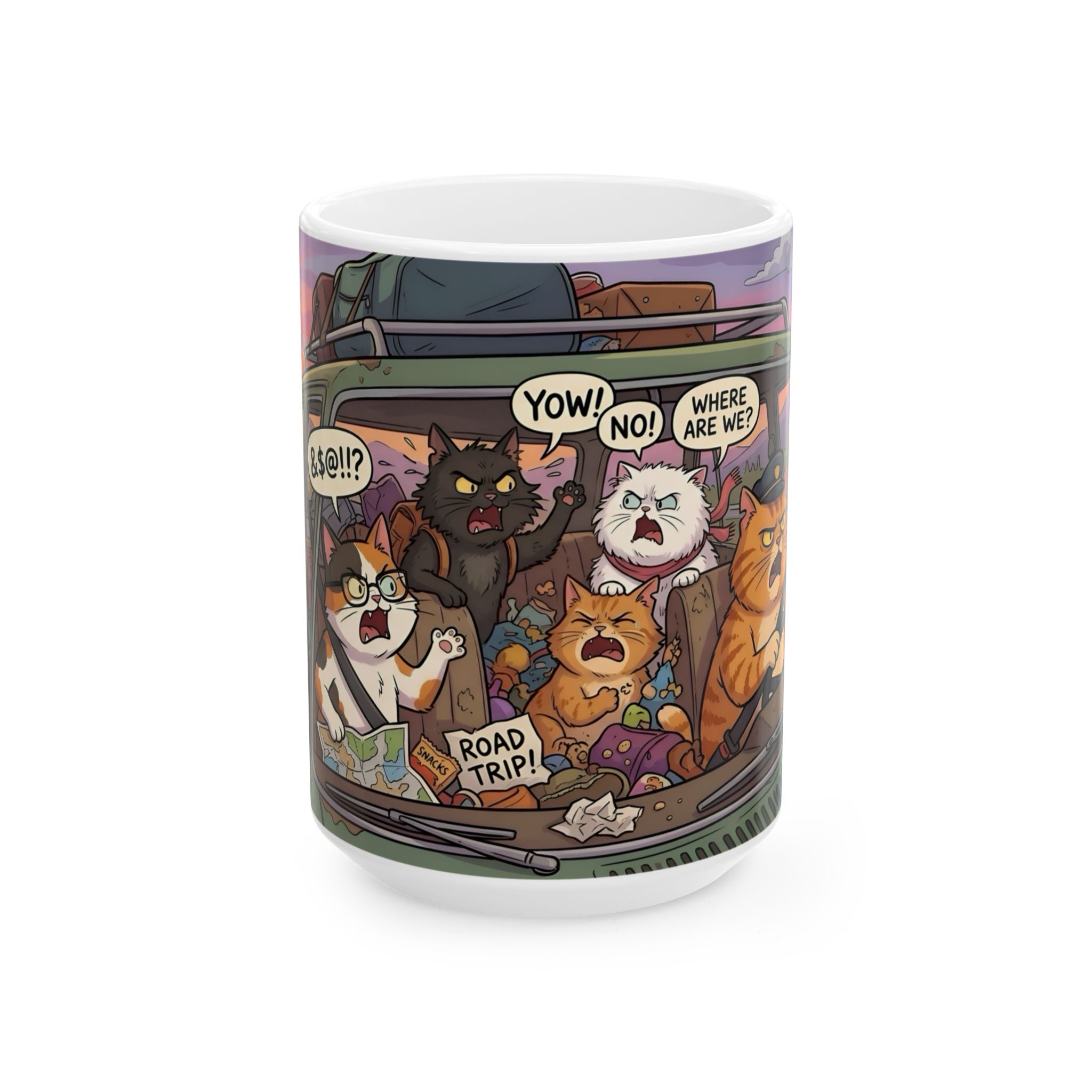 Squabbling Cats On A Road Trip White Ceramic Mug (11oz/15oz), Funny Cat'n Get Along Cup