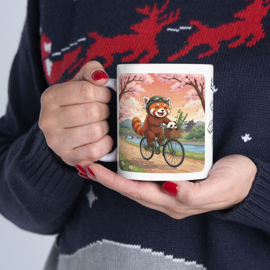 Cozy Red Panda & Baby Panda in Sakura Japan White Ceramic Mug — Happy Panda Family Bicycle Cup, 11oz & 15oz
