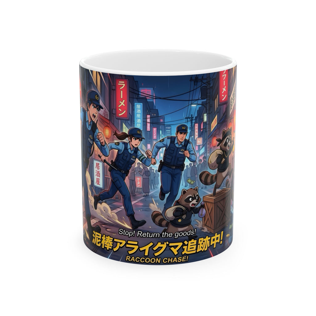 "Raccoon Chase" Anime City Police White Ceramic Mug (11oz/15oz), Urban Ringtails Cup