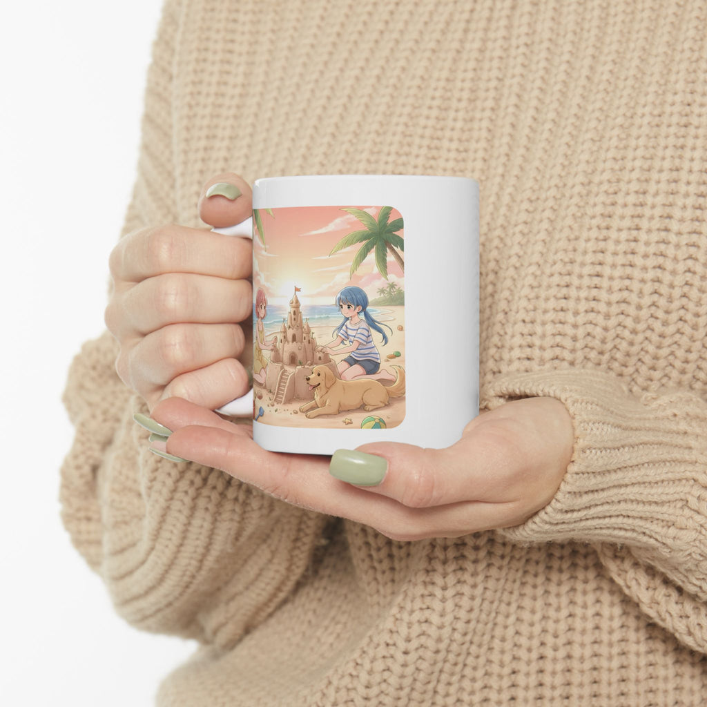 Sisters and BFF Summer Beach Sandcastle White Ceramic Mug — Tropical Manga Ocean Sunset and Golden Retriever Cup (11oz/15oz)
