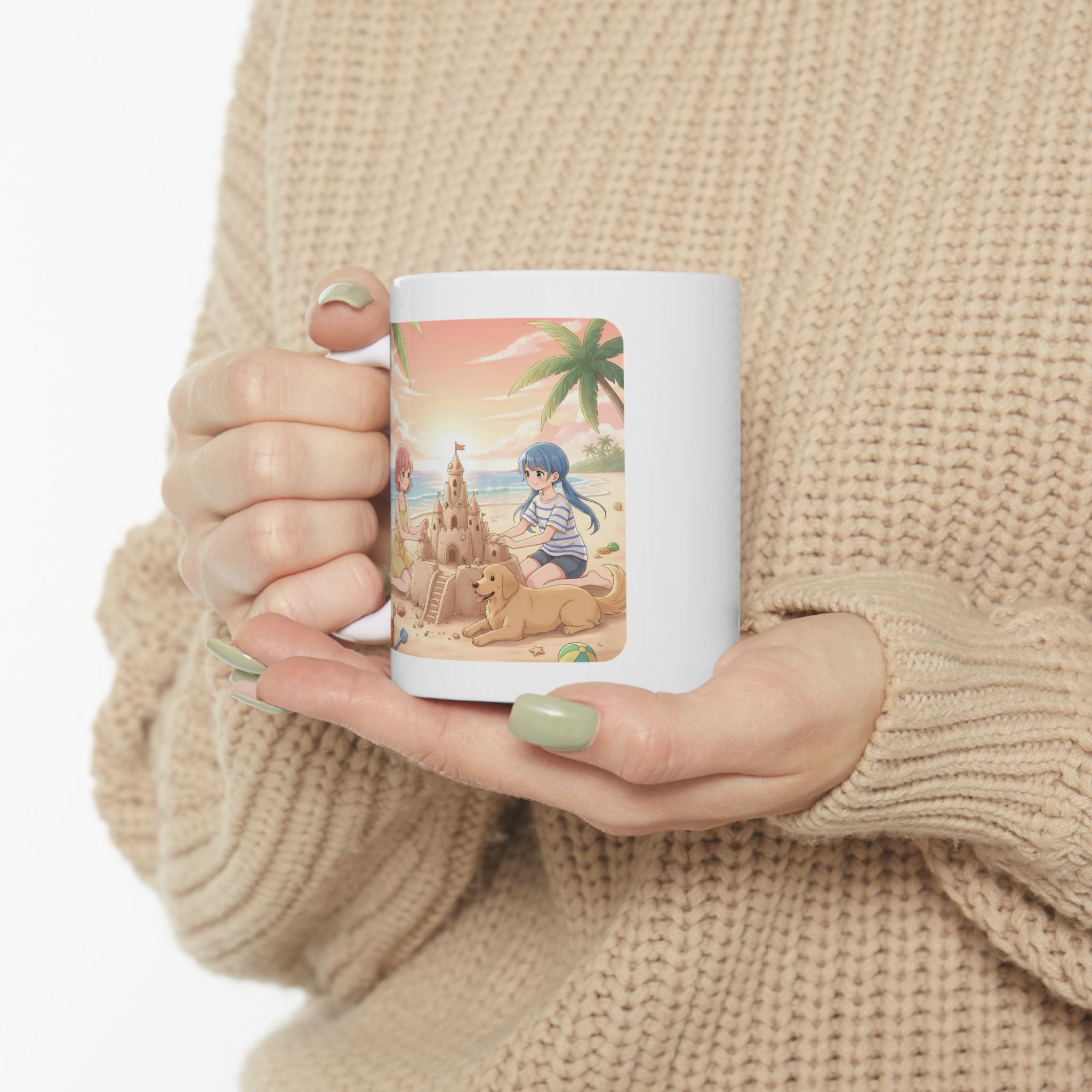 Sisters and BFF Summer Beach Sandcastle White Ceramic Mug — Tropical Manga Ocean Sunset and Golden Retriever Cup (11oz/15oz)