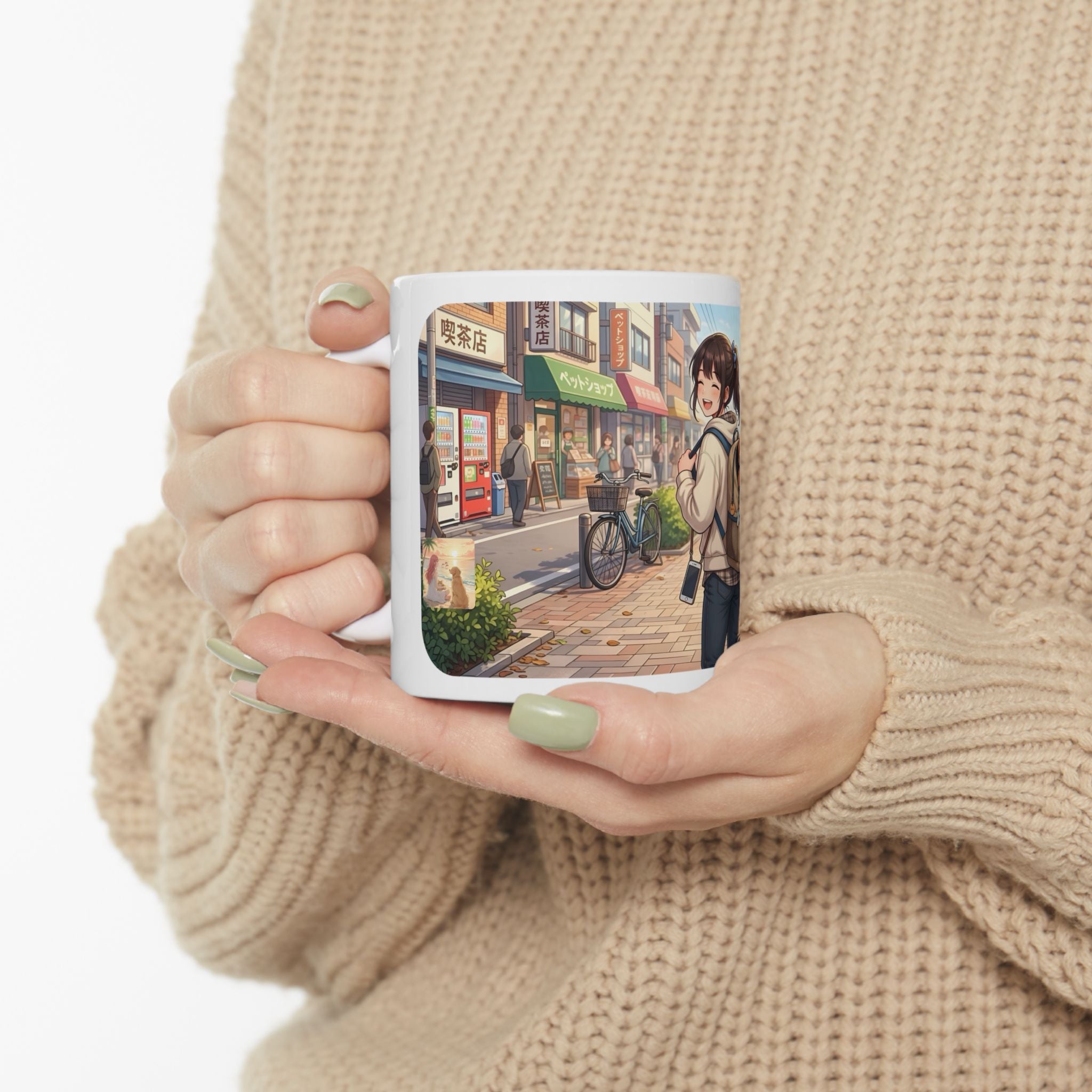 Cozy & Cute Puppy Backpack White Ceramic Mug (11oz, 15oz), Grins & Peeks Cobblestone Cup
