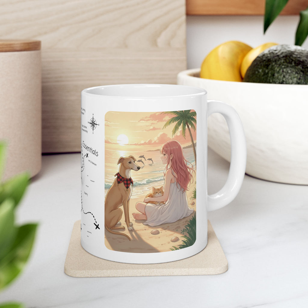 Dreamy Whippet Greyhound Dog & Orange Cat Tropical Seascape White Ceramic Mug, Cozy Owner and Pet Mom on Beach Cup (11oz, 15oz)