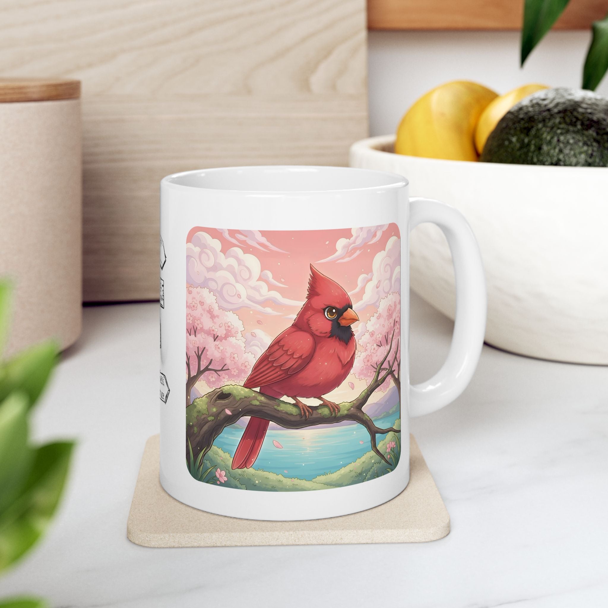 Kawaii Red Cardinal Quiet Moments White Ceramic Mug in Sakura Japan, Cozy Sakura Serenity Japanese Cherry Blossom Landscape Cup, 11oz & 15oz