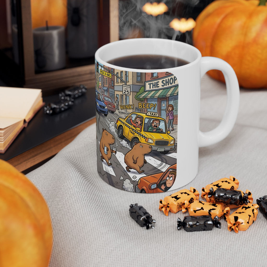 Capybara Abbey Road White Ceramic Mug – Funny Rodent Band Tea Cup (11oz & 15oz)