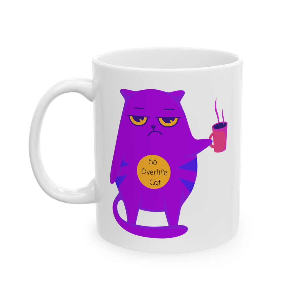 So OverLife Cat On A White Ceramic Mug 11oz & 15oz, Cute Kawaii Cat Holding Mug Cup