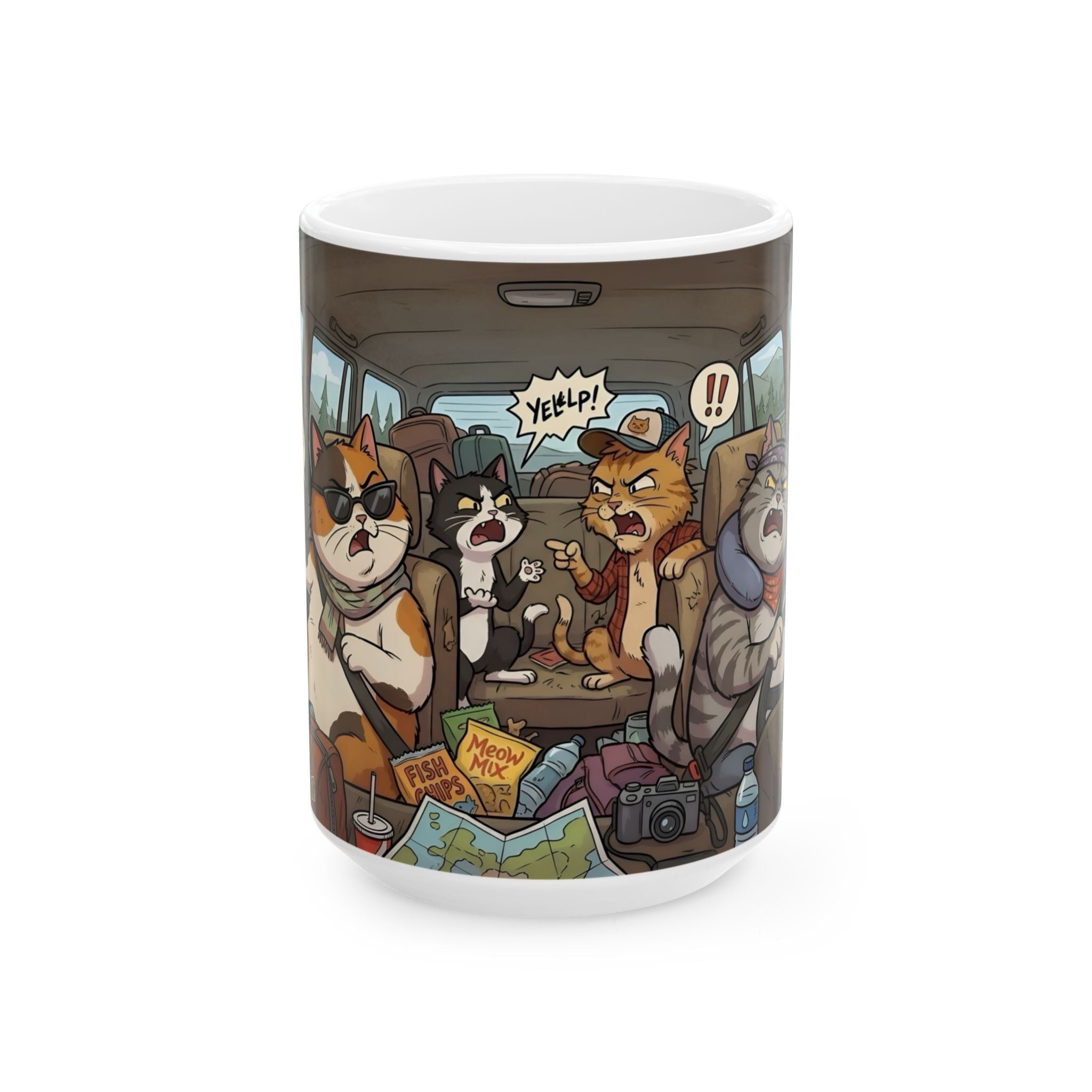 Angry Cats On A Road Trip White Ceramic Mug — Funny Kitty Crew Travel Cup (11oz, 15oz)