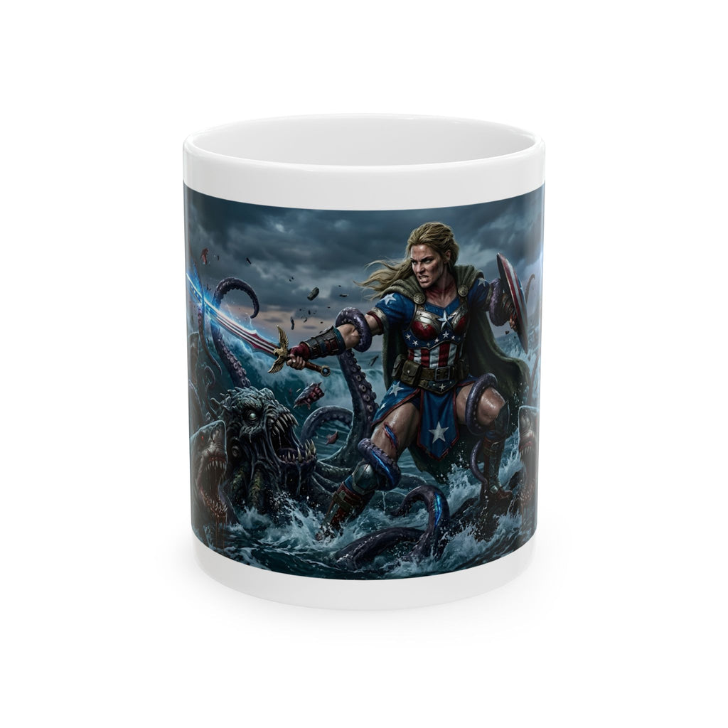 Lady Liberty Unbound #2 White Ceramic Mug — USA Standing Strong Against Darkness Cup