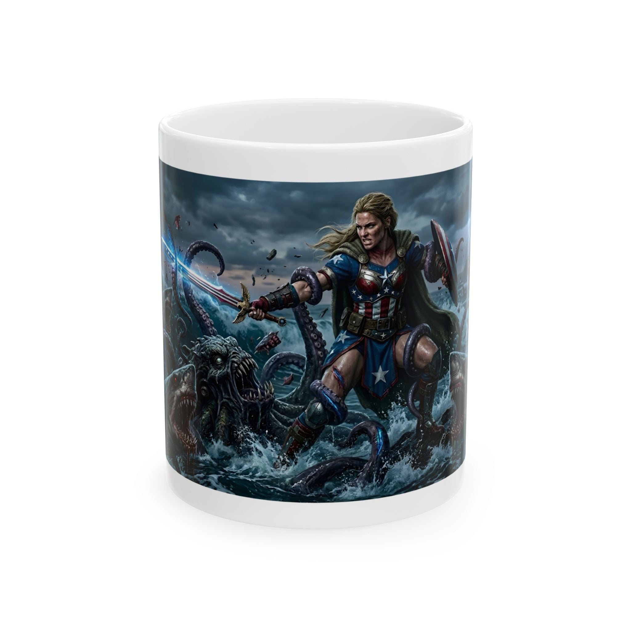 Lady Liberty Unbound #2 White Ceramic Mug — USA Standing Strong Against Darkness Cup