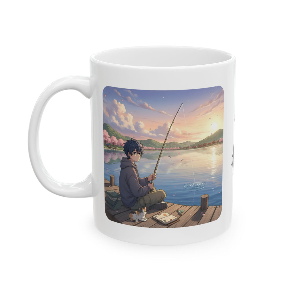Dock Fishing At Sunset With My Calico Cat White Ceramic Mug — Serene Lake Pier Tea Cup (11oz/15oz)