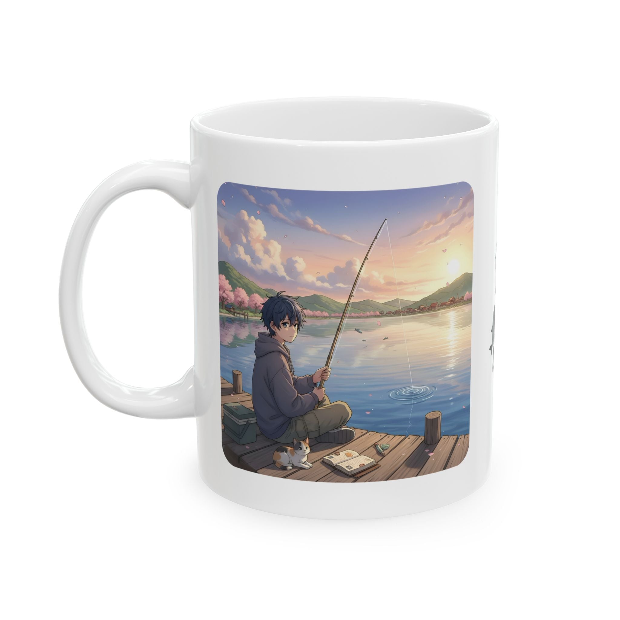 Dock Fishing At Sunset With My Calico Cat White Ceramic Mug — Serene Lake Pier Tea Cup (11oz/15oz)