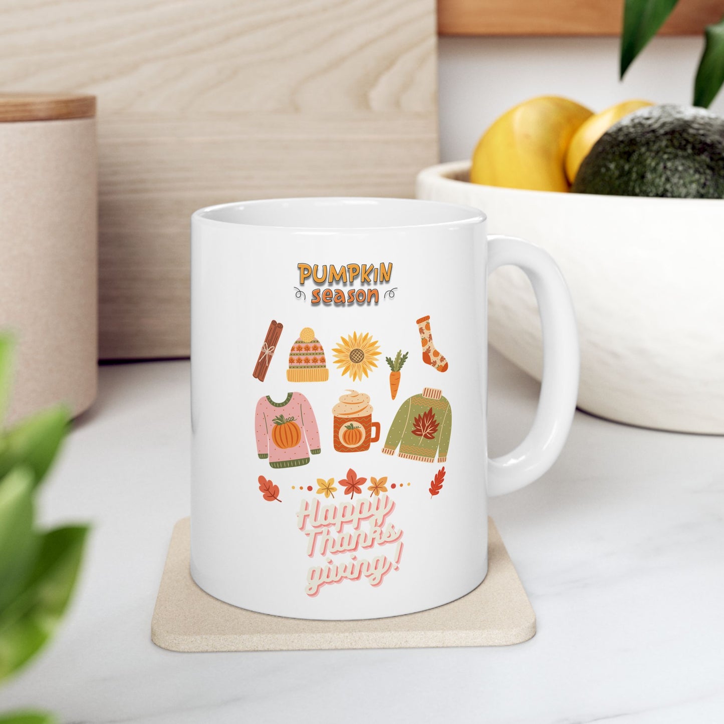 Journeys Happy Thanksgiving Pumpkin Season Ceramic Mug, White, (11oz, 15oz), Perfect Gift Mug for the Holidays, Mug for the Whole Family