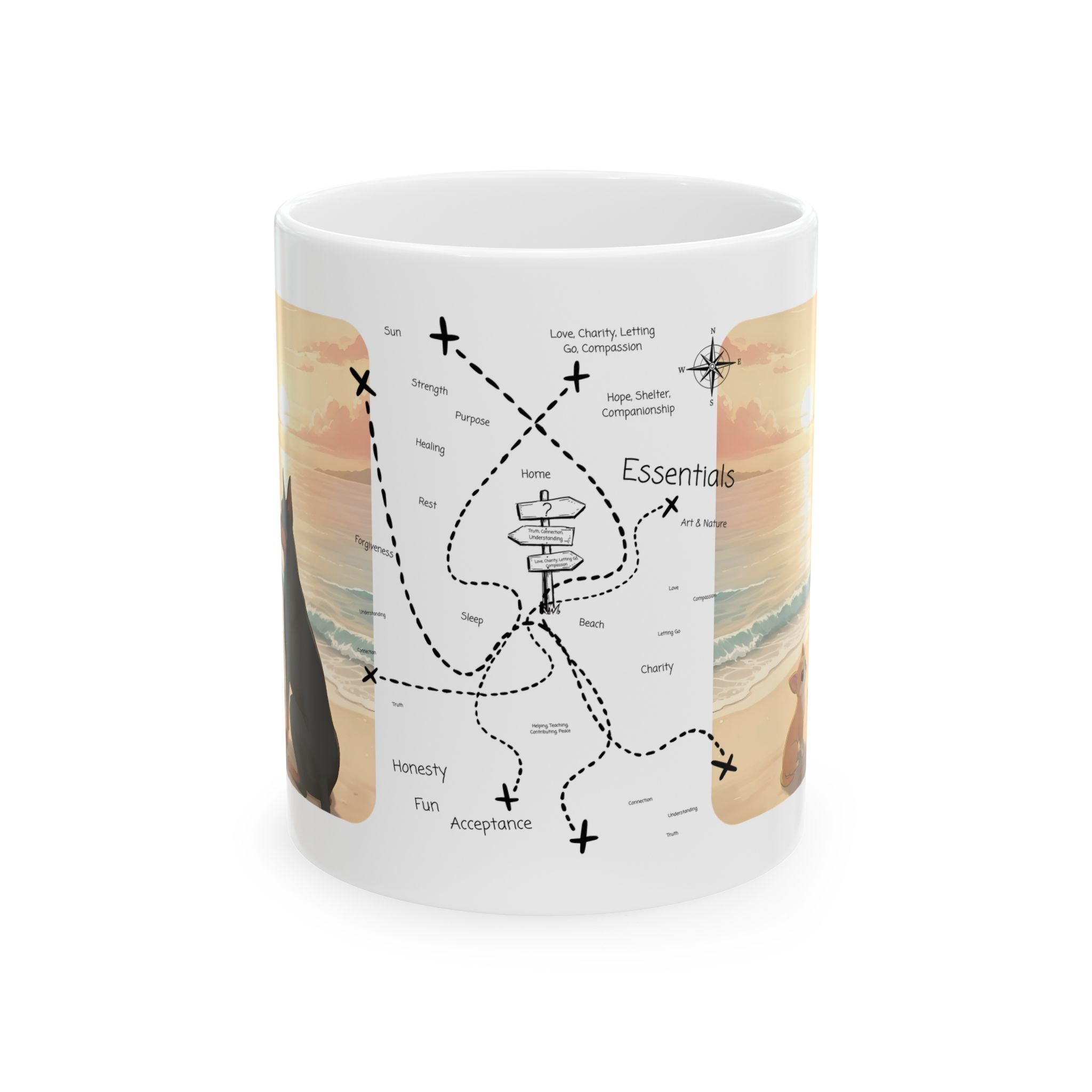 Doberman, Chihuahua & Orange Cat Coastal Vibe White Ceramic Mug, Cozy Sunset Beach Anime Girl Cup (11oz, 15oz)