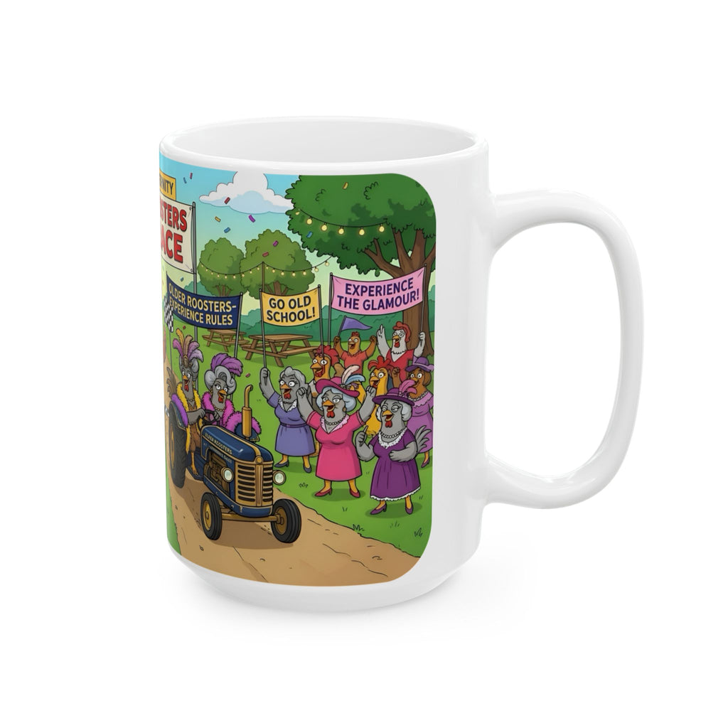 Hens & Roosters Drag Race White Ceramic Mug — Funny Farm Fraternity Racing Tea Cup (11oz/15oz)