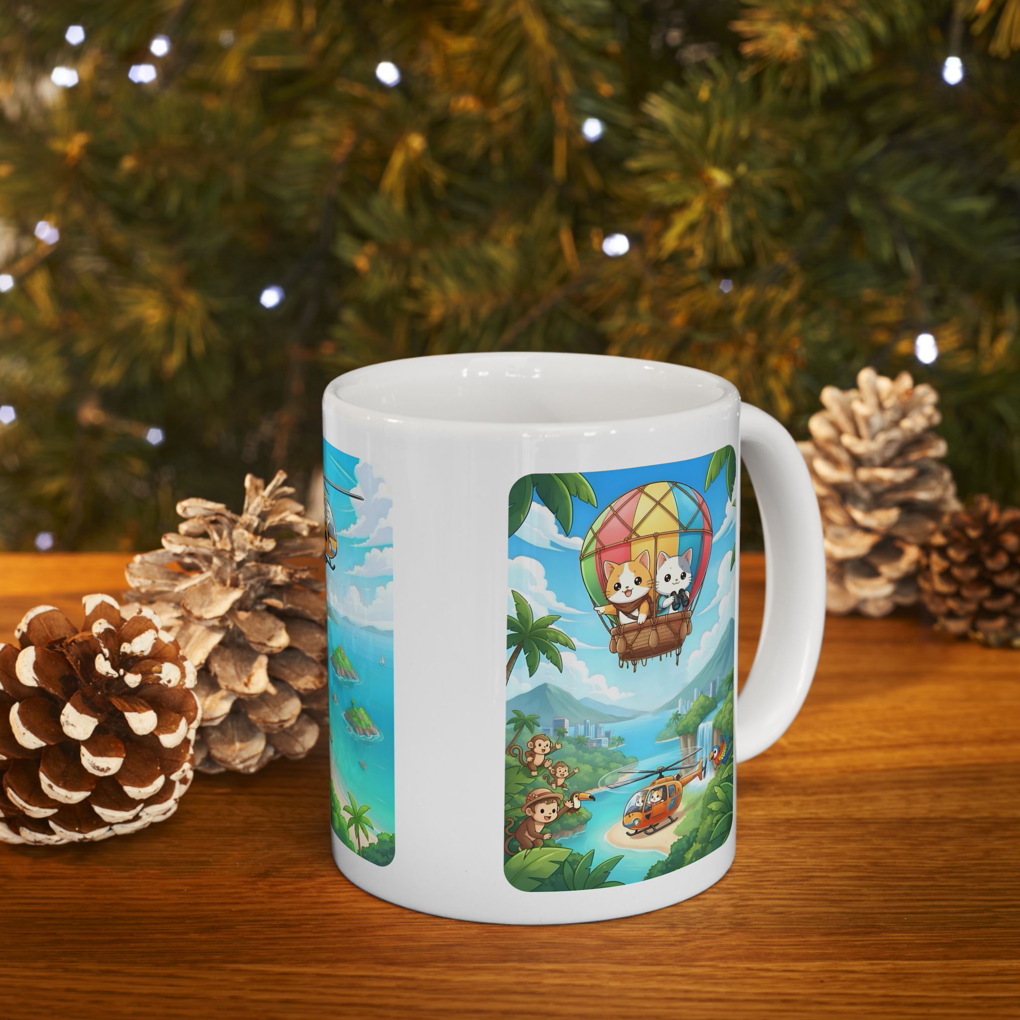 Tropical Chibi Cats Helicopter Adventure White Ceramic Mug — Kawaii Cats Hot Air Balloon Summer Cup (11oz & 15oz)
