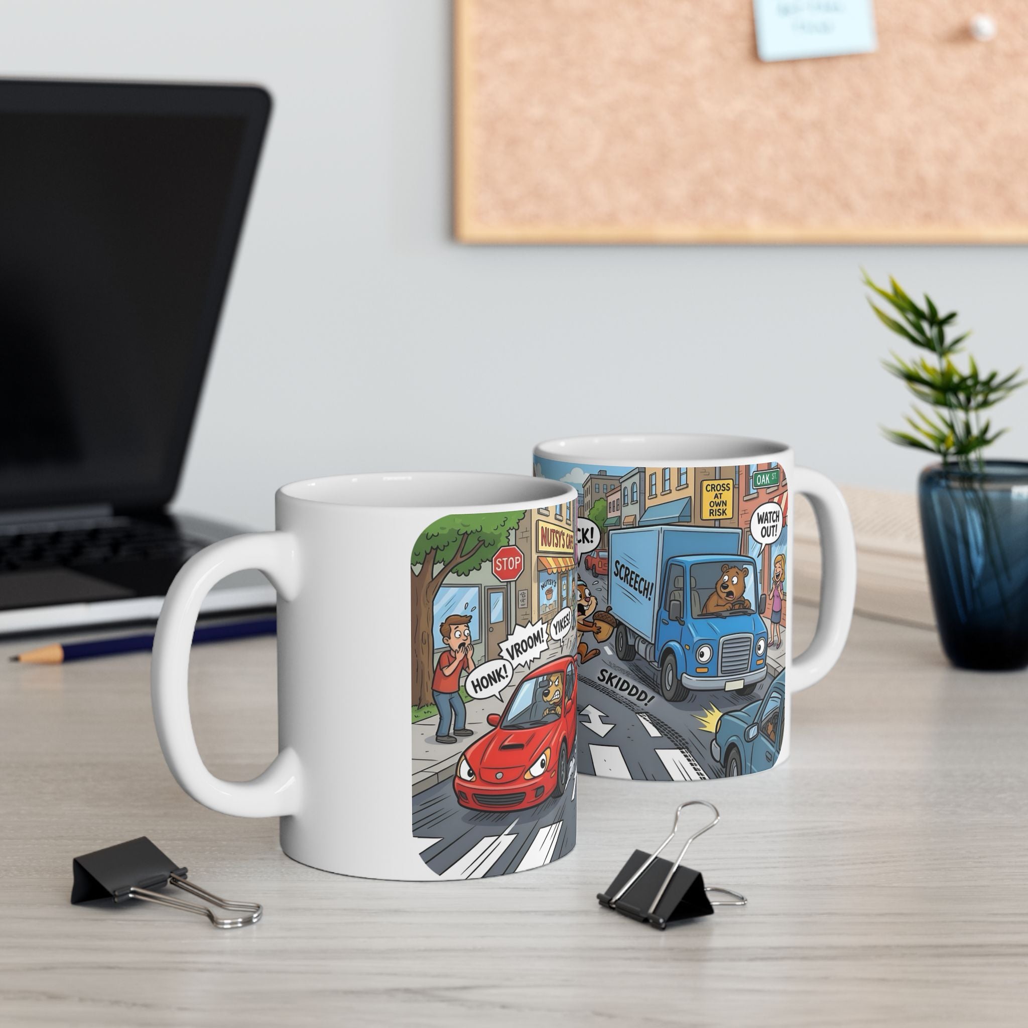 Nutsy's Crossy Road White Ceramic Mug – Adventurous Squirrel Crossing Cup (11oz/15oz)
