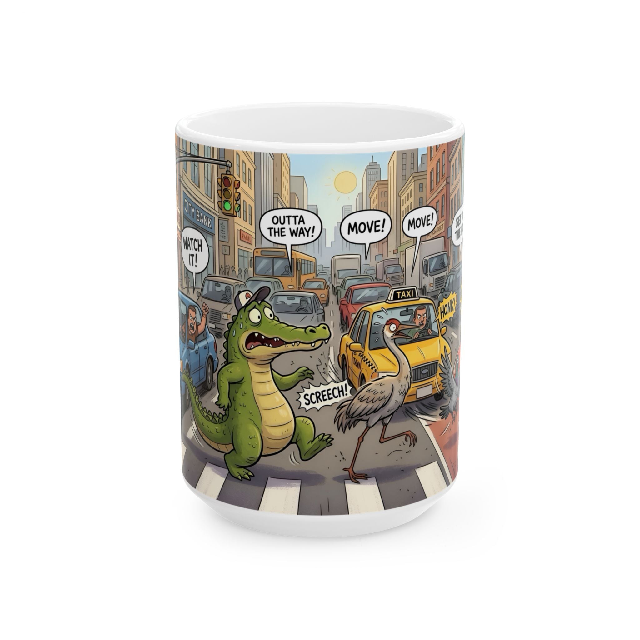Gator, Crane, and Pidgeon Crossing White Ceramic Mug — Alligator & Bird Traffic Jam Cup (11 oz, 15 oz)