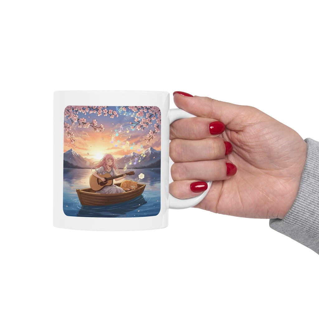 Cozy Guitarist And Her Sleeping Ginger Cat White Ceramic Mug — Japanese Cherry Blossom Mountain Anime Cup (11oz/15oz)