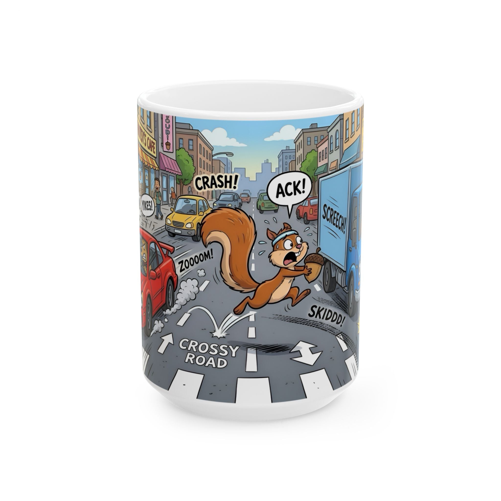 Nutsy's Crossy Road White Ceramic Mug – Adventurous Squirrel Crossing Cup (11oz/15oz)
