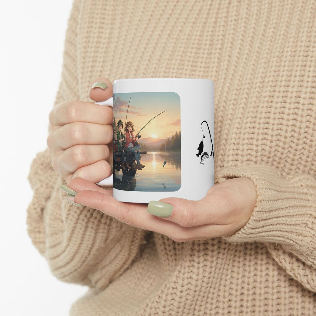 Romantic Sunset Lake Fishing Couple White Ceramic Mug — Sunrise Lake, Truck & Rod Anime Camping Adventure 11oz/15oz