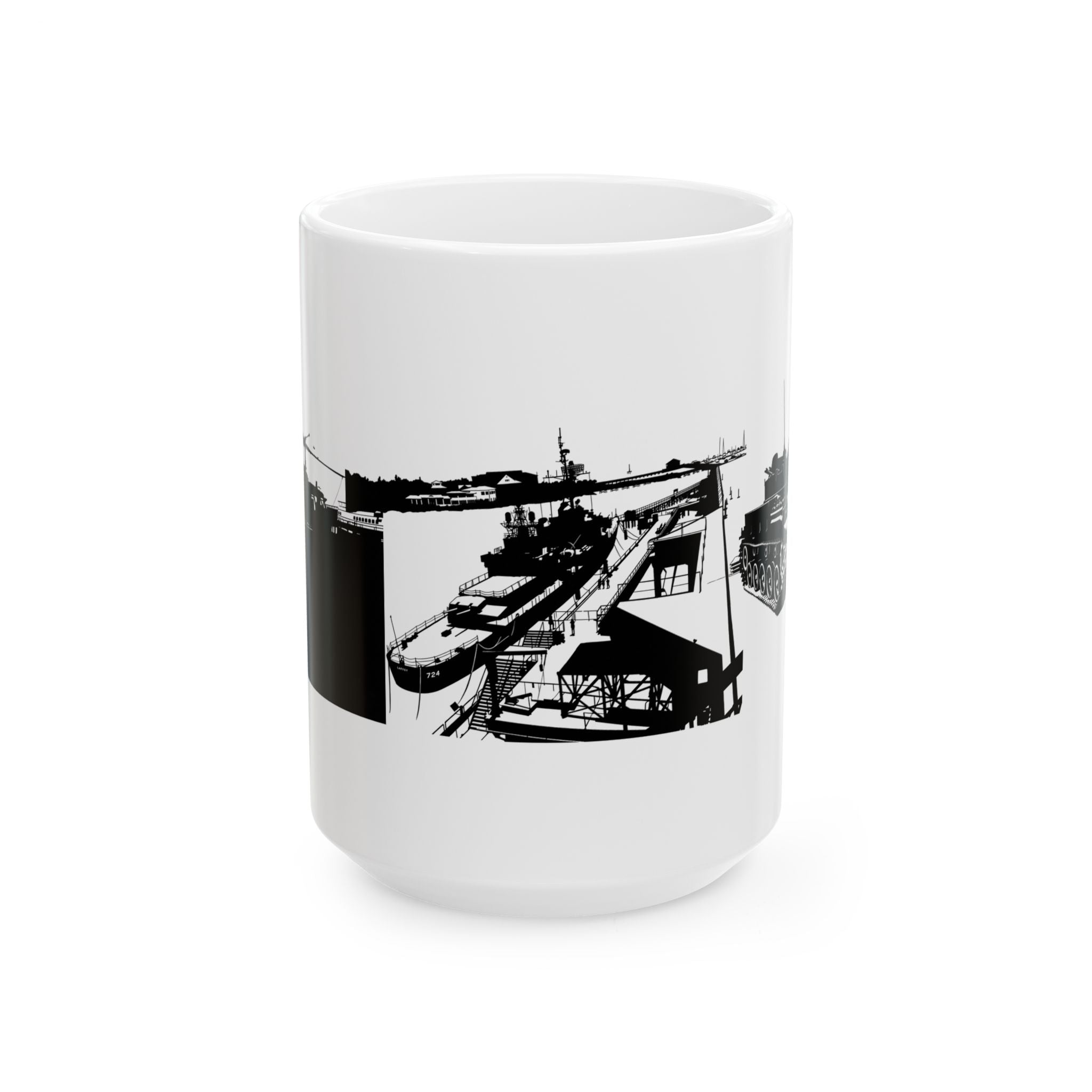 Harbor Panorama White Ceramic Mug — Black & White Maritime Port Cup (11oz, 15oz)