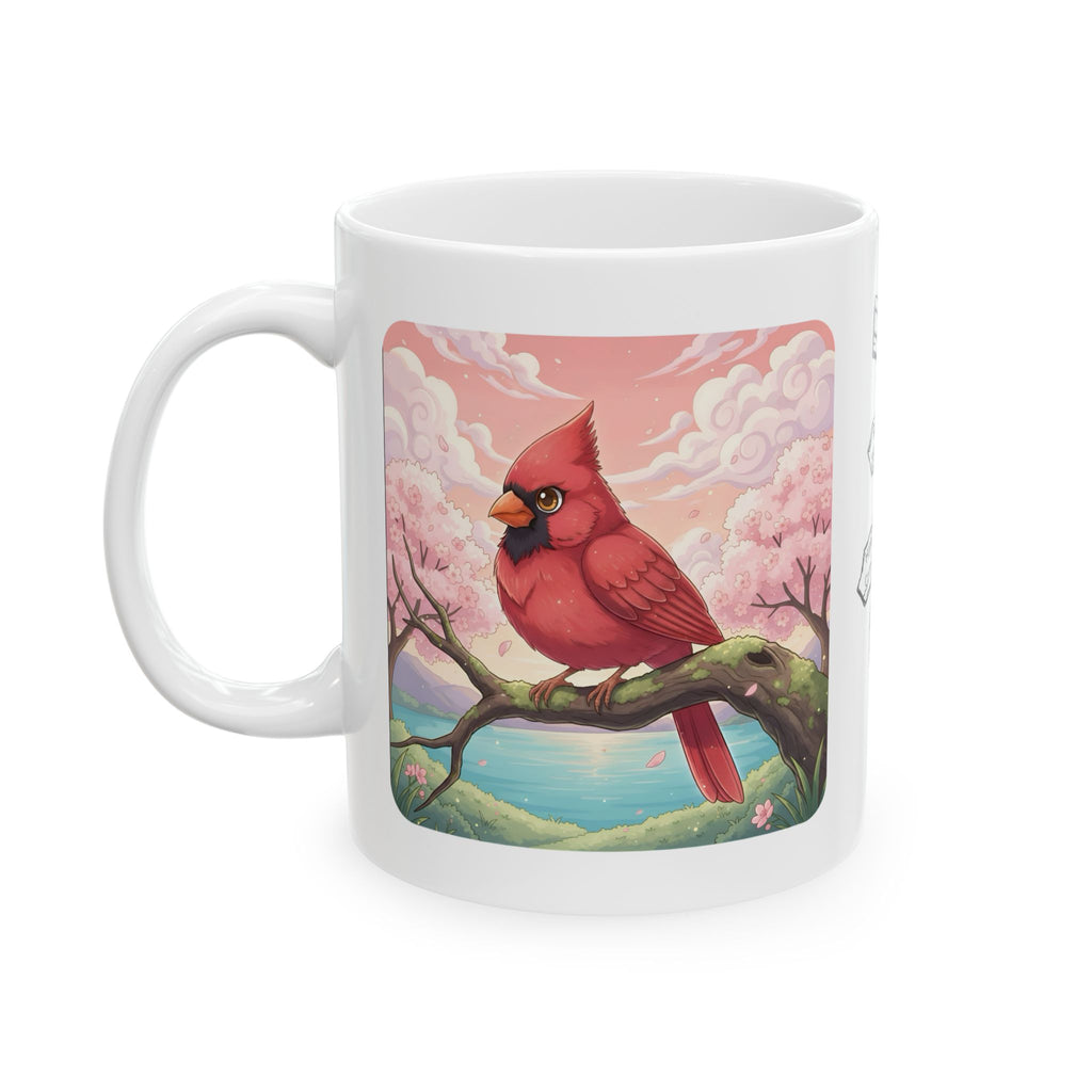 Kawaii Red Cardinal Quiet Moments White Ceramic Mug in Sakura Japan, Cozy Sakura Serenity Japanese Cherry Blossom Landscape Cup, 11oz & 15oz