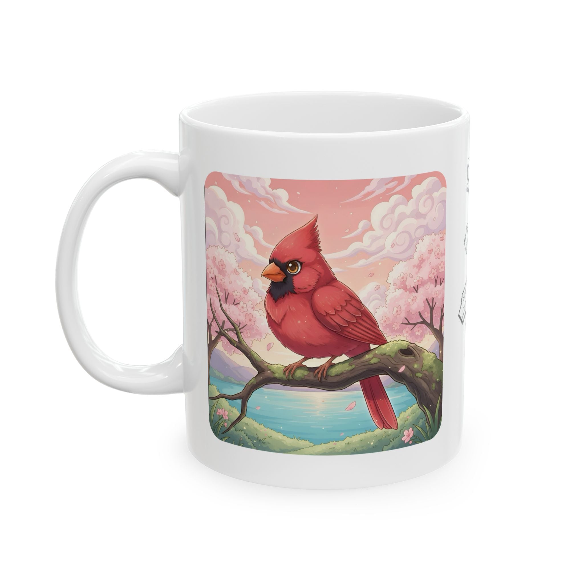 Kawaii Red Cardinal Quiet Moments White Ceramic Mug in Sakura Japan, Cozy Sakura Serenity Japanese Cherry Blossom Landscape Cup, 11oz & 15oz