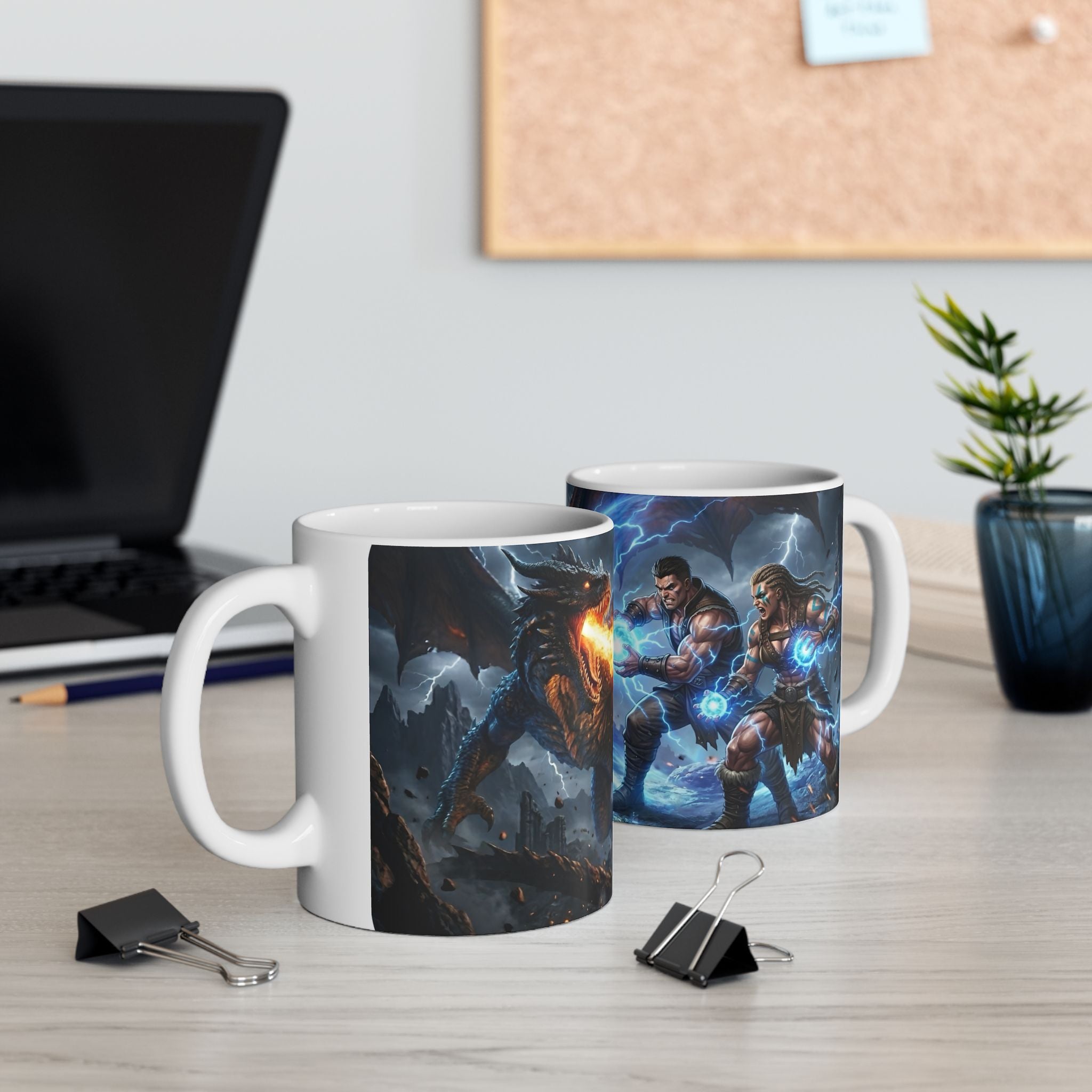 Dragon Battle #4 White Ceramic Mug — Epic Fantasy Gaming Adventure Scene (11oz, 15oz)