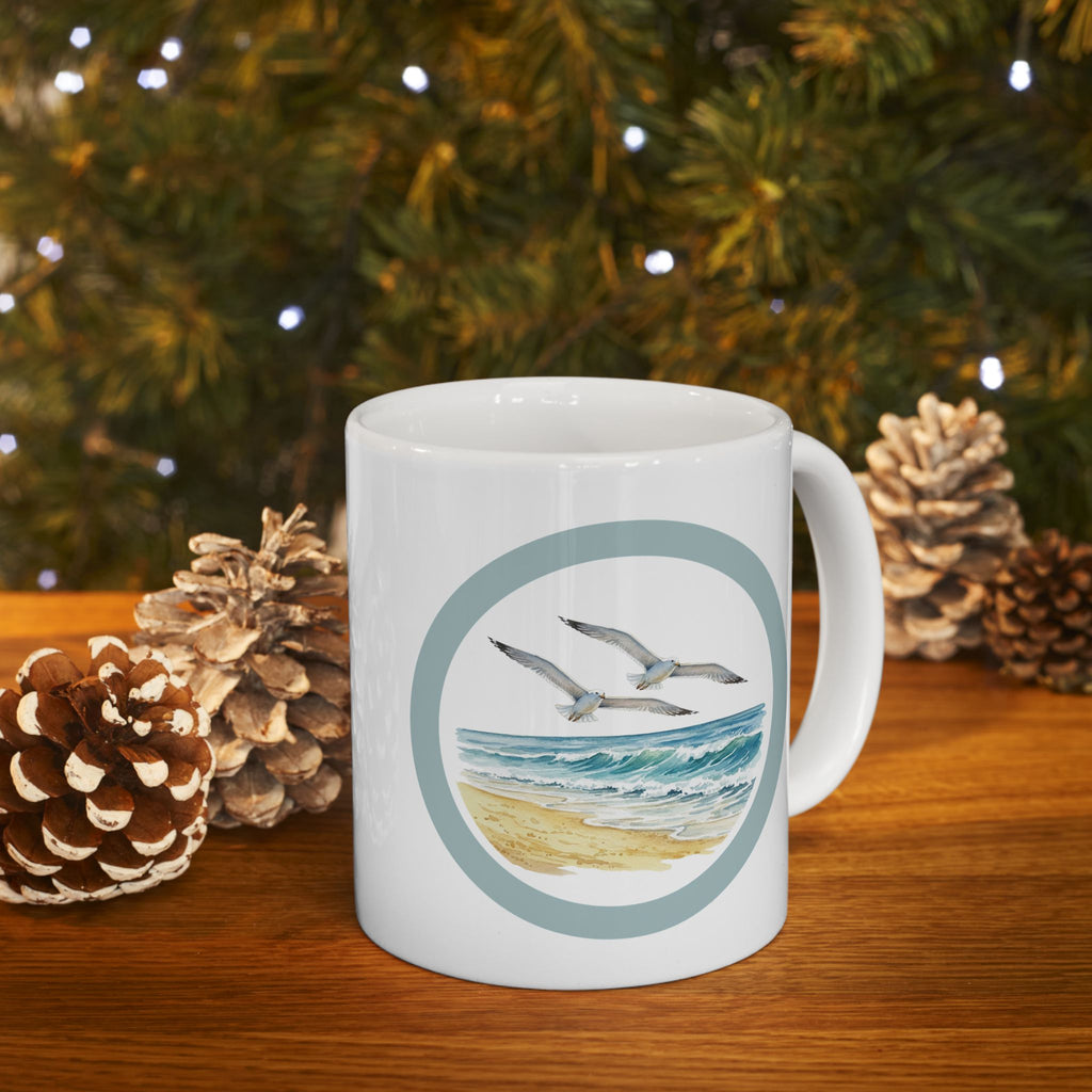 Ocean Seagulls White Ceramic Mug - Beach Watercolor Tea Cup (11oz, 15oz)