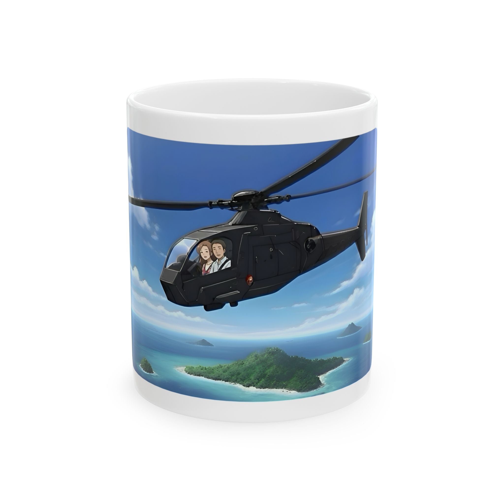 Anime Helicopter Adventure #1 Beach & The Tropical Island White Ceramic Mug – Celebrating Companionship, Creativity & Life’s Little Wonders Cup (11oz/15oz)