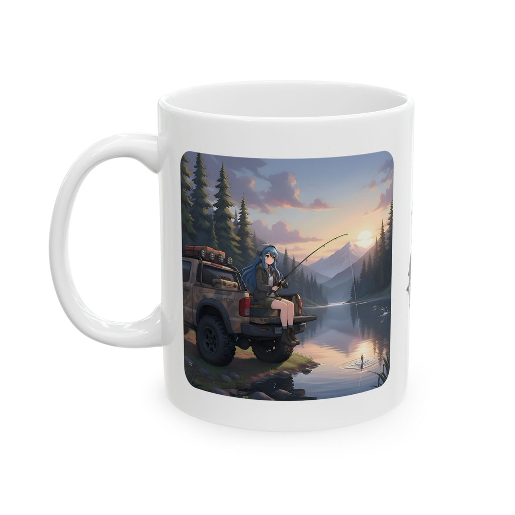 Cozy Anime Girl Tailgate Fishing Adventure White Ceramic Mug — Vintage Truck, Lake Sunrise Tea Cup (11oz/15oz)