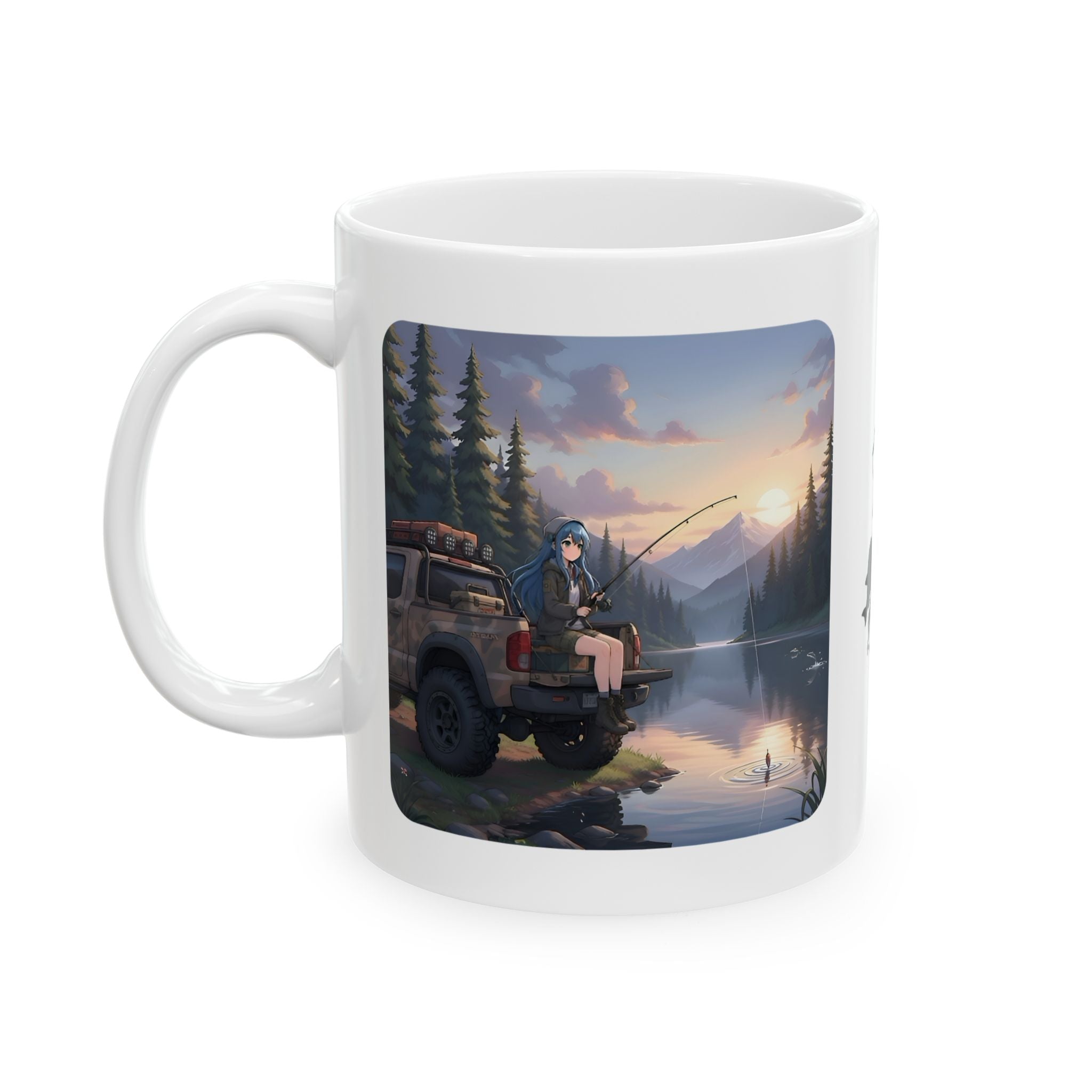 Cozy Anime Girl Tailgate Fishing Adventure White Ceramic Mug — Vintage Truck, Lake Sunrise Tea Cup (11oz/15oz)