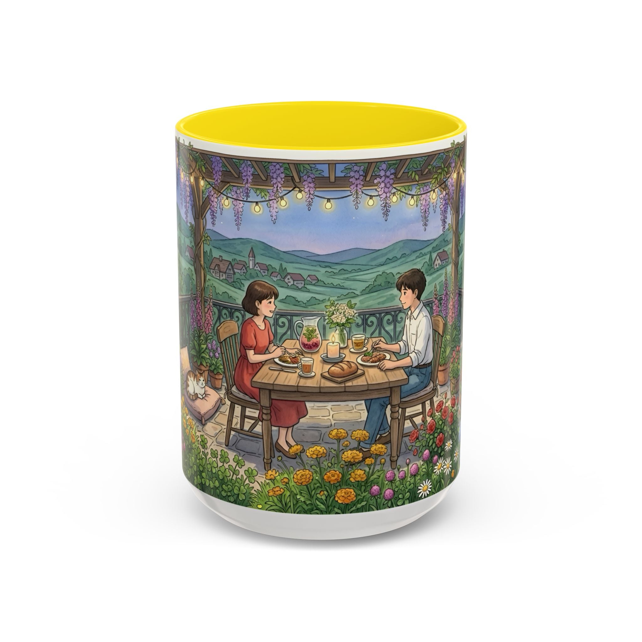 Cozy Romantic Garden Dinner Ceramic Mug — Couples Outdoor Bistro Cup (11 oz, 15 oz)