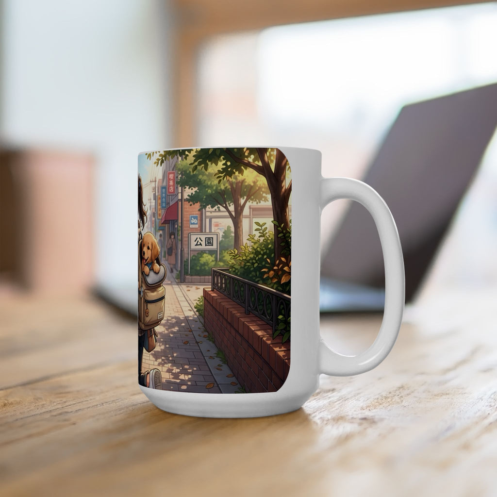 Cozy & Cute Puppy Backpack White Ceramic Mug (11oz, 15oz), Grins & Peeks Cobblestone Cup