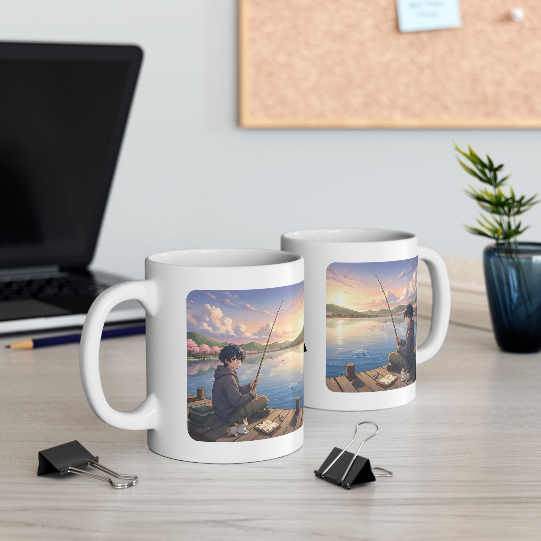 Dock Fishing At Sunset With My Calico Cat White Ceramic Mug — Serene Lake Pier Tea Cup (11oz/15oz)