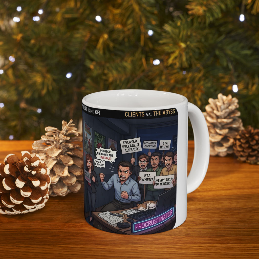 Indie Game Developer Life White Ceramic Mug — Funny Gaming Studio Office Cup, 11oz & 15oz