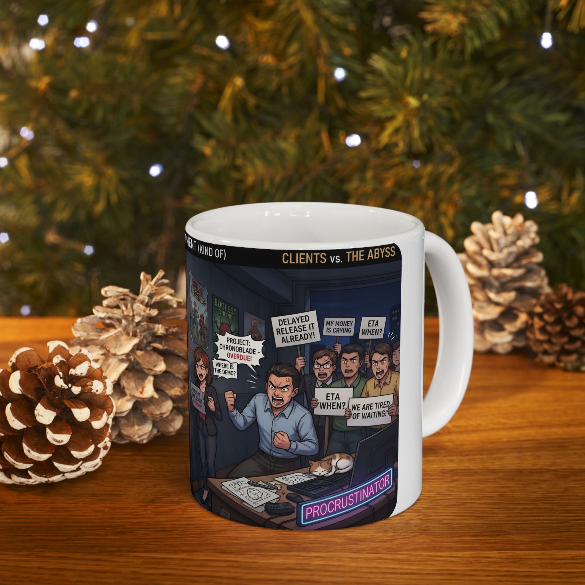 Indie Game Developer Life White Ceramic Mug — Funny Gaming Studio Office Cup, 11oz & 15oz