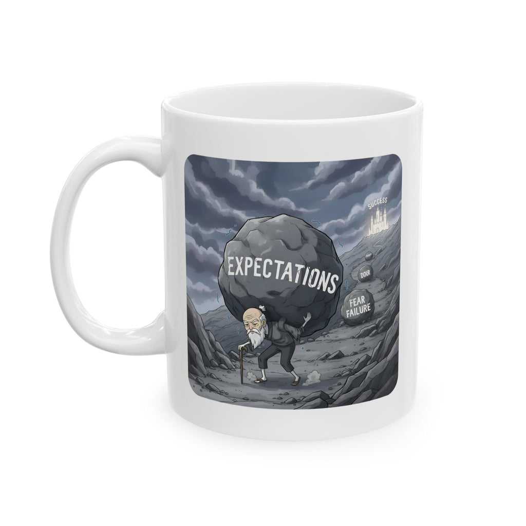 Unbreakable Men, Lifelong Stoic Strength White Ceramic Mug, (11oz, 15oz), Resilience Overcoming Expectations Cup