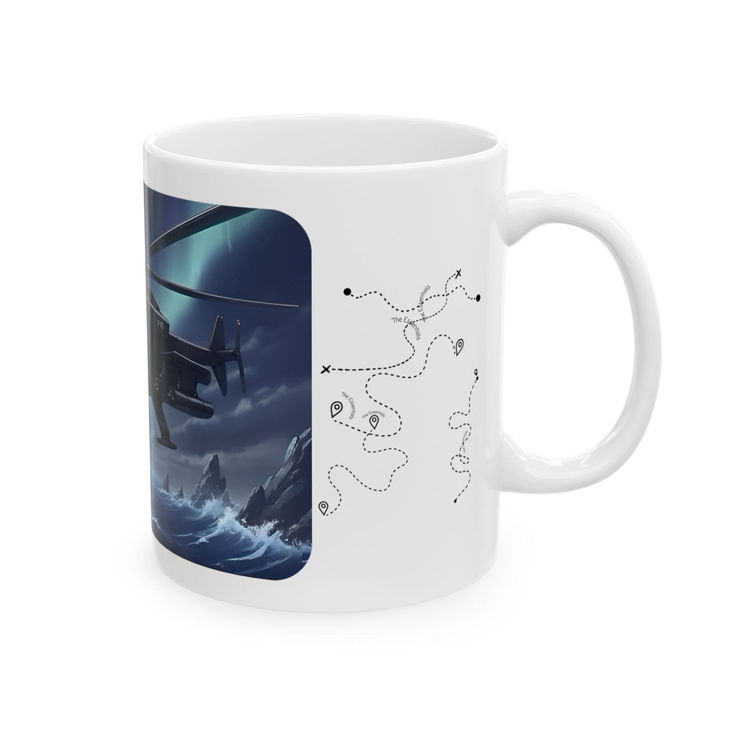 Touring Heli Under Aurora Borealis Northern Lights White Ceramic Mug – Friends, Family & Imaginative Adventures, Celebrating Companionship, Creativity & Life’s Little Wonders Cup (11oz/15oz)
