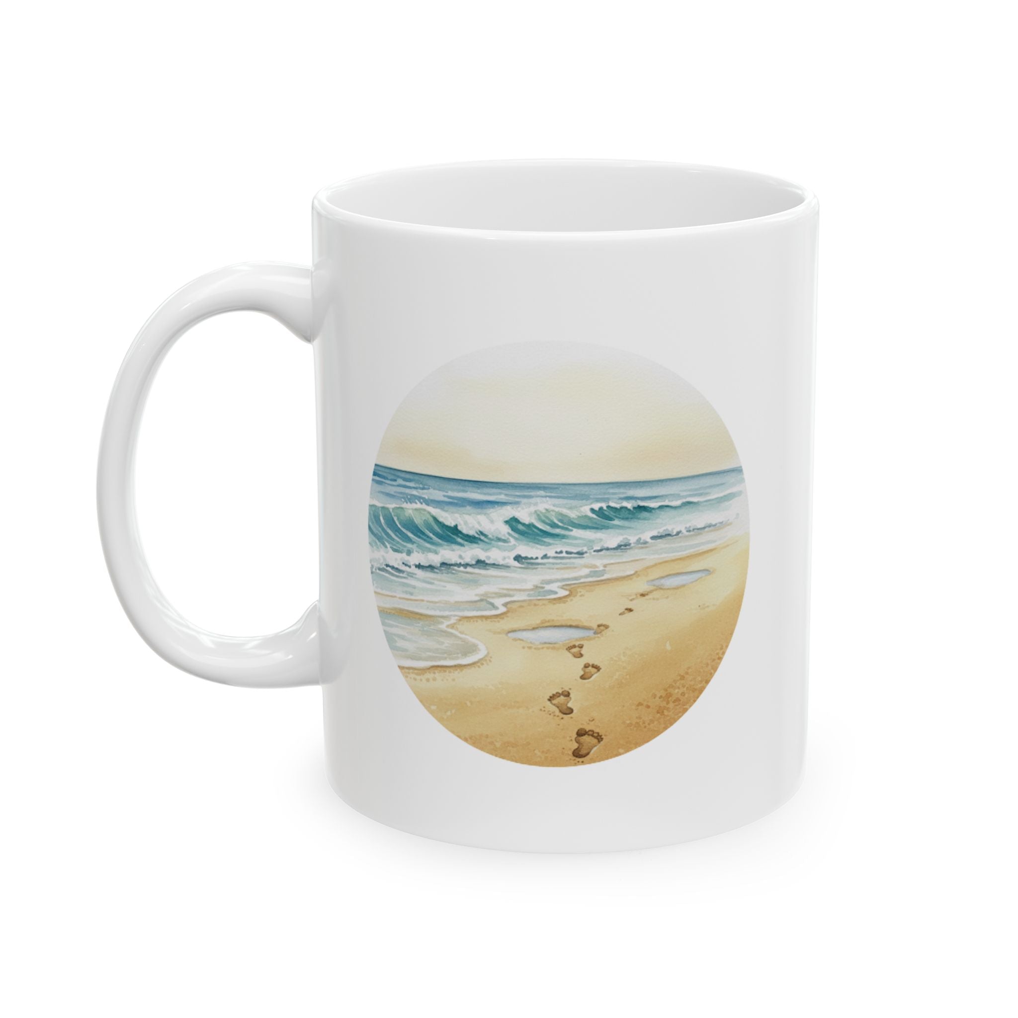 Sea Shore With Footprints In The Sand White Ceramic Mug — Beach Waves Getaway To Tranquility (11oz & 15oz)