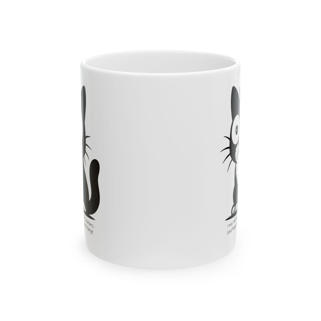 Cat Contemplating Catastrophe White Ceramic Mug - Cute Anxious Black Kitten Tea Cup (11oz & 15oz)