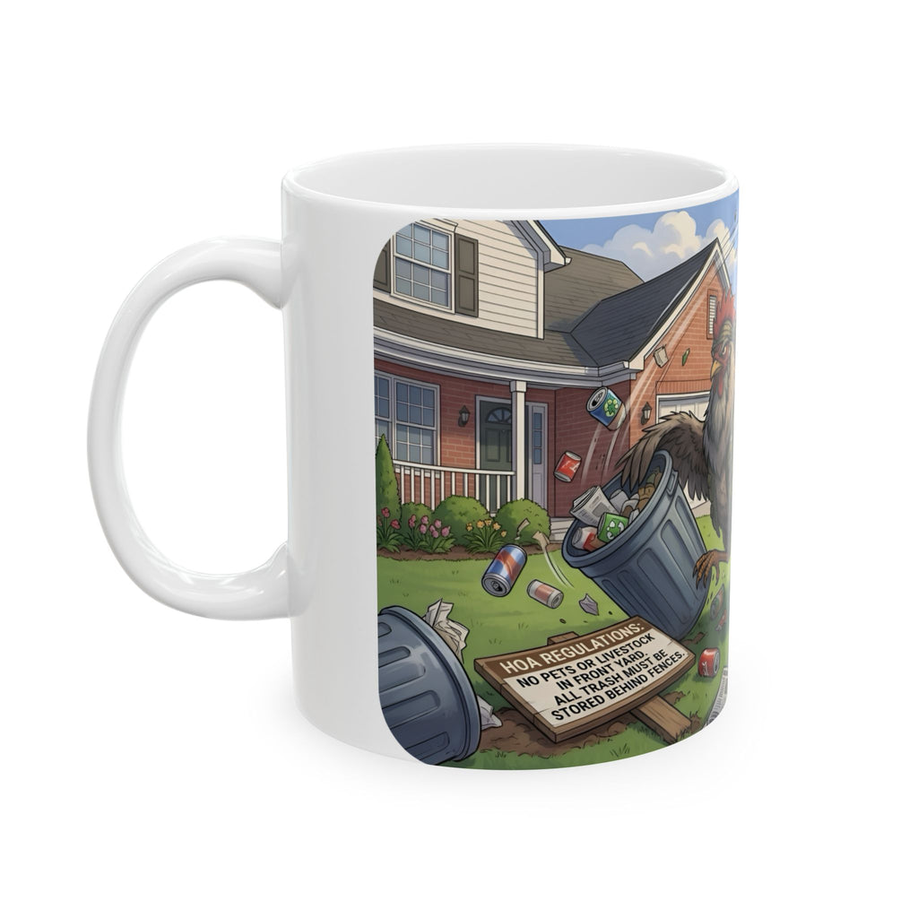 Rooster Rebellion White Ceramic Mug – Funny Morning HOA Trouble Cup (11oz/15oz)