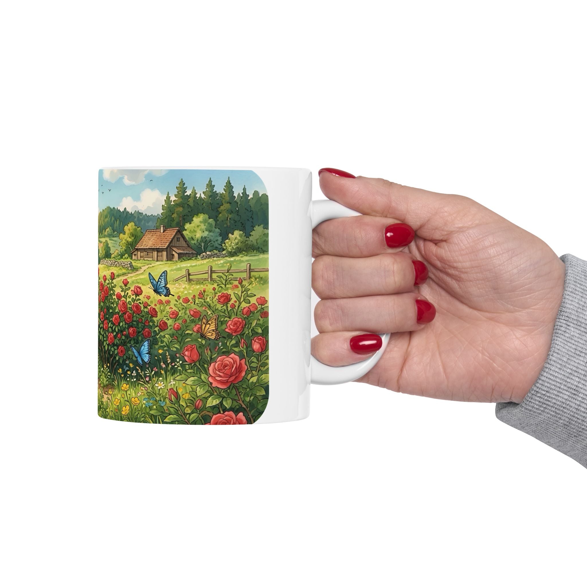 Scenic Countryside White Ceramic Mug — Floral Garden & Butterflies 11oz/15oz