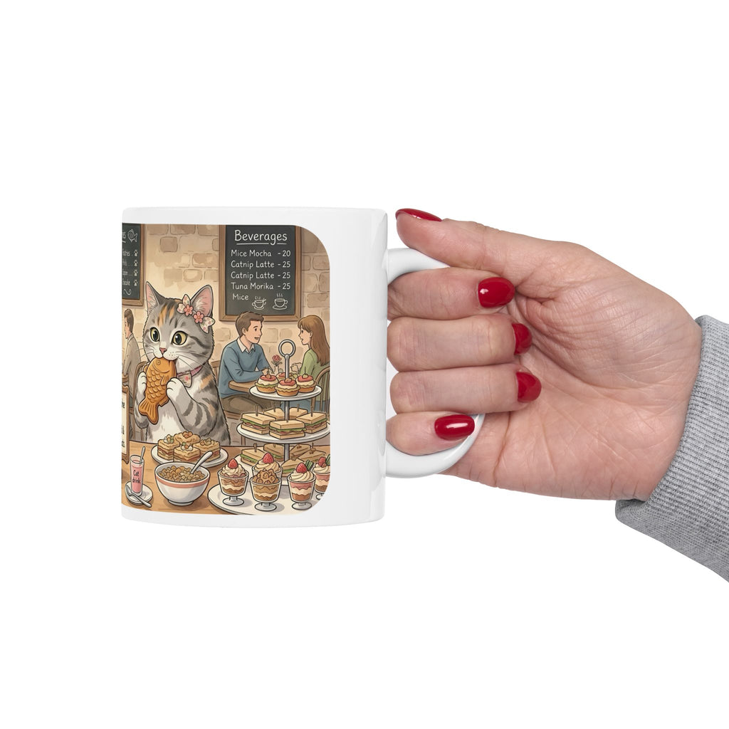 Cat-Astrophe Café White Ceramic Mug — Cute Cat Bakery Date Cup (11oz & 15oz)