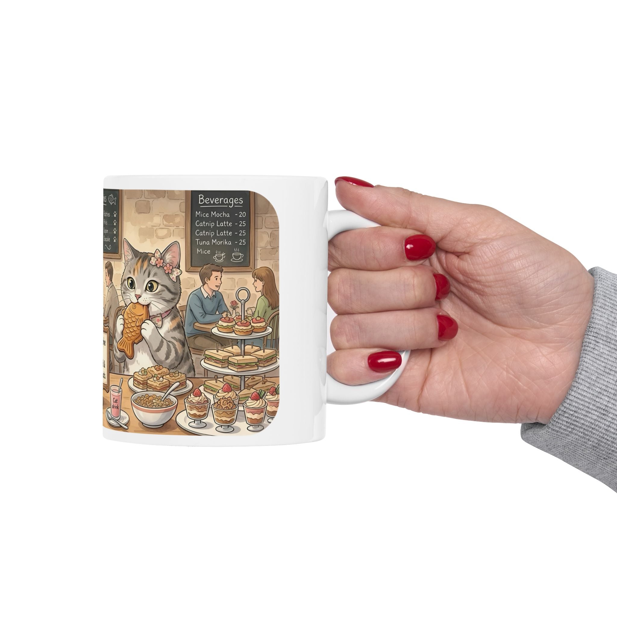 Cat-Astrophe Café White Ceramic Mug — Cute Cat Bakery Date Cup (11oz & 15oz)