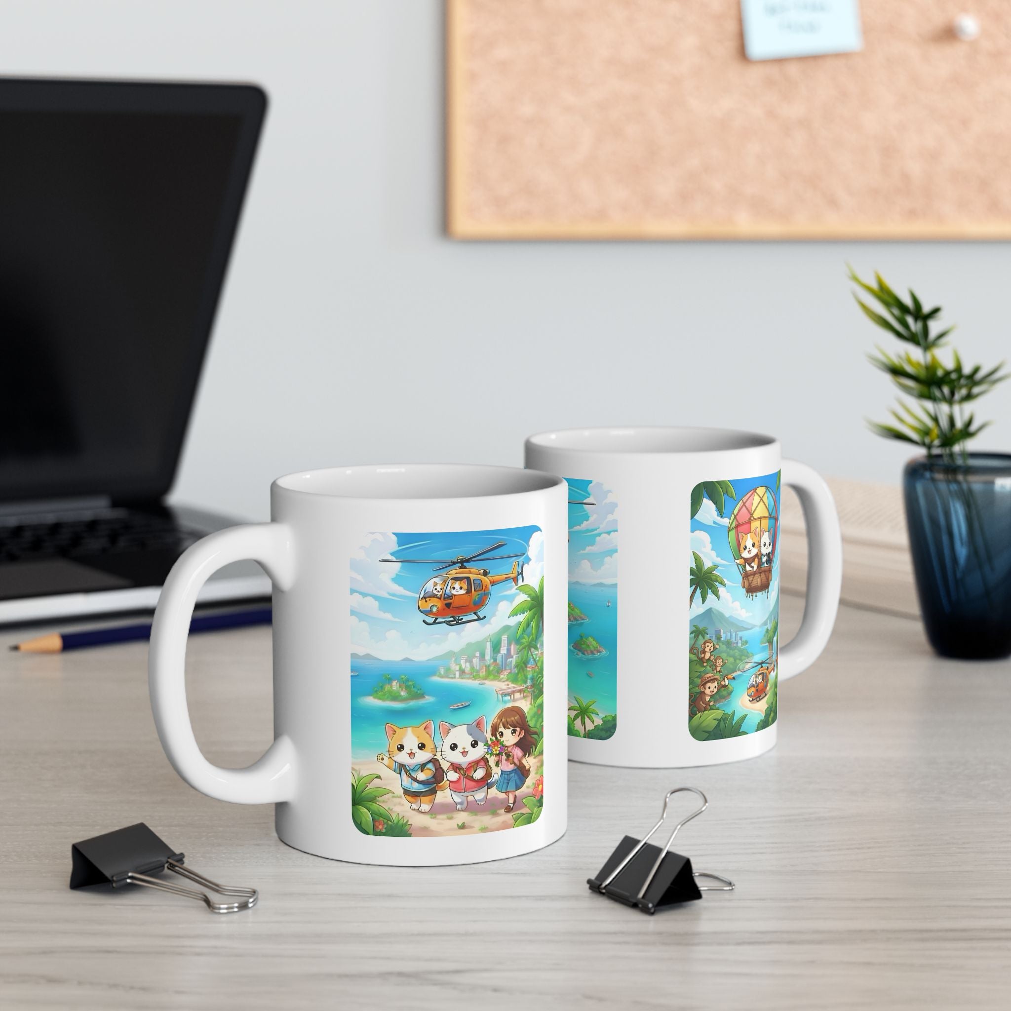 Tropical Chibi Cats Helicopter Adventure White Ceramic Mug — Kawaii Cats Hot Air Balloon Summer Cup (11oz & 15oz)