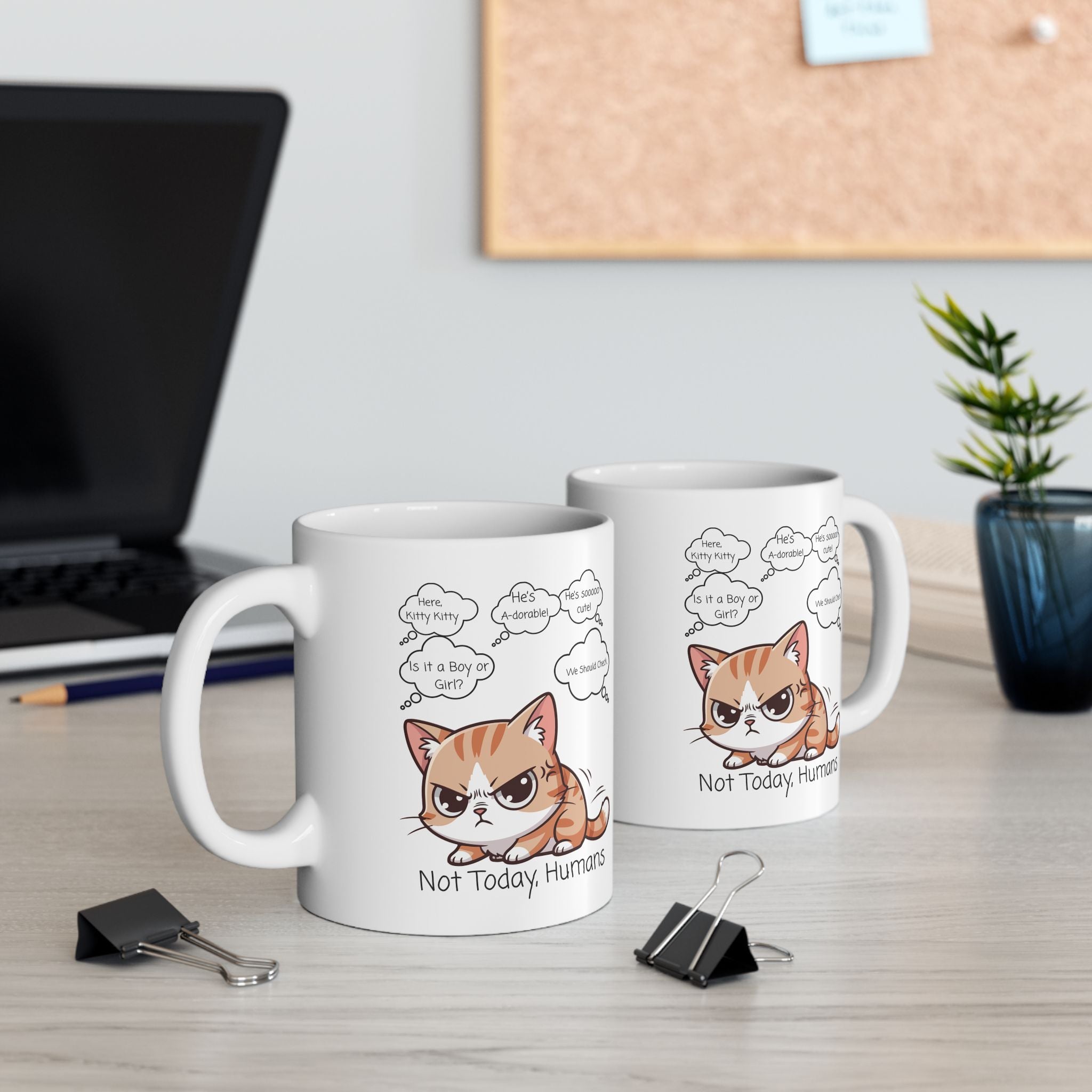 "Not Today, Humans" Grumpy Kitty White Ceramic Mug,  “Not Your Purr-son” Sassy Tea Cup (11oz & 15oz)